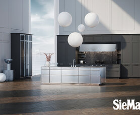 SieMatic 2002 BAL SQ lak graphite glanzend keukeneiland: front aluminium geborsteld met omlijsting  in metaal in facet verchroomd, SieMatic werkblad in edelstaal mat geborsteld.