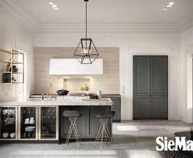 SieMatic 2002 BAS SQ lak graphite mat, gecombineerd met travertin en grepen, vitrines en wandframe in goldenbronce